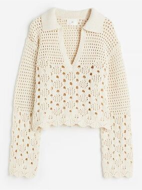 H&M Cream Open-Knit V-Neck Collar Sweater